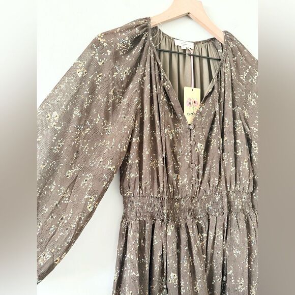 NWT Entro Long Sleeve Ruffle Mini Dress in Brown Multi Abstract Print - Size S - Picture 2 of 7